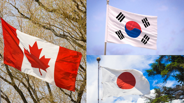 Canada, Japan, South Korea Flags